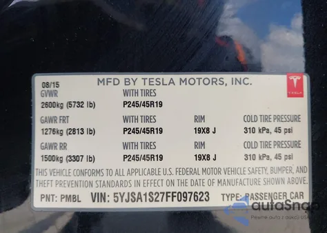 2015 Tesla Model S 70D/85D/P85D from USA, damaged, VIN 5YJSA1S27FF097623
